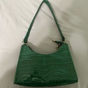 Green Crocodile-Embossed Shoulder Bag